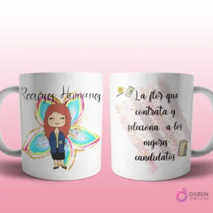 Mug mockup con diseño de secretaria caricaturizada de cabello oscuro con headset y blusa clara, sobre fondo de flor rosa con brillos y frase 'La flor que ayuda a organizar la vida!', con íconos de oficina.