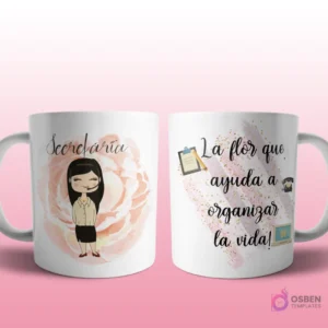 Mug mockup con diseño de empleada de servicios generales caricaturizada de cabello oscuro con uniforme y escoba, sobre fondo abstracto amarillo y rosa con brillos y frase 'La flor que ayuda en organización y limpieza'.