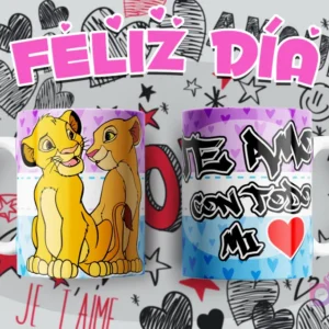 Taza con diseño de Simba y Nala de El Rey León, mensaje 'Te amo con todo mi corazón'.