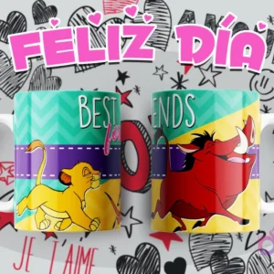 Taza sublimada con Simba y Pumbaa de El Rey León, frase 'Best friends forever'.