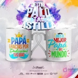 Primer plano de un par de tazas sublimadas con las frases 'Papá eres mi héroe' y 'El mejor papá del mundo', destacando la temática 'Tal Palo Tal Astilla' del paquete de plantillas PNG.