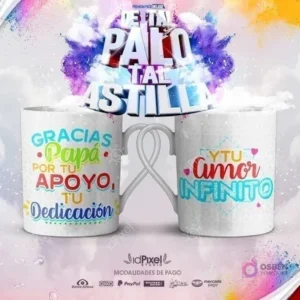 Dos tazas blancas con plantillas de sublimación 'Papi siempre seguiré tus pasos' y un diseño complementario, parte del pack de 50 diseños PNG para el Día del Padre.