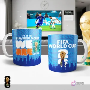 Tazas sublimadas azules con 'I'm in the FIFA WORLD CUP WE ARE 26' y 'New York New Jersey' para el Mundial FIFA 2026, con el trofeo y skyline.
