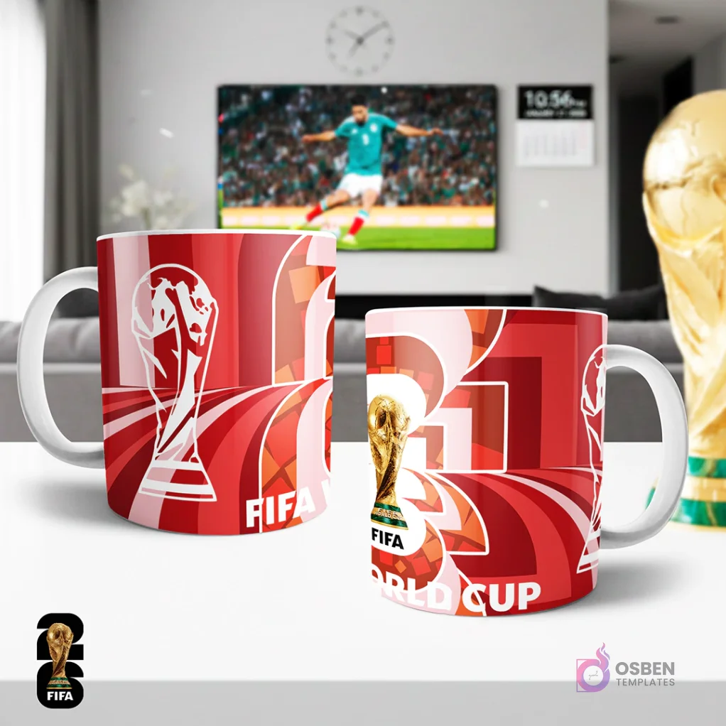 Diseño para taza de sublimación del Mundial 2026 en color rojo con patrón abstracto, el trofeo FIFA y el número 26 estilizado, ideal para personalizar. Diseño para taza de sublimación del Mundial 2026 en color rojo con patrón abstracto, el trofeo FIFA y el número 26 estilizado, ideal para personalizar.