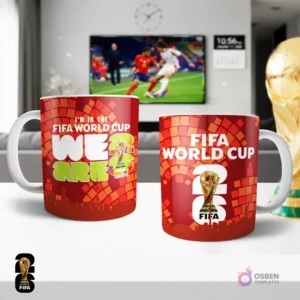 Tazas sublimadas rojas con mensaje 'I'm in the FIFA WORLD CUP WE ARE 26' y 'Toronto' para el Mundial FIFA 2026, incluyendo el trofeo de la Copa.