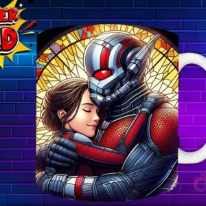 Taza sublimada con Ant-Man abrazando a su hija, diseño de superhéroe estilo vidriera 'Super Dad'