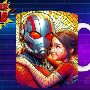 Taza sublimada con Ant-Man abrazando a su hija sonriente, diseño estilo vidriera 'Super Dad'