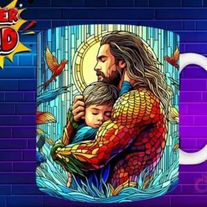 Taza sublimada con Aquaman y su hijo abrazándose, diseño subacuático tipo vidriera 'Super Dad'