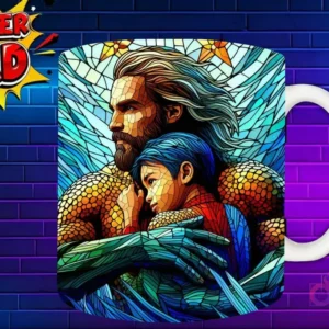 Taza sublimada con Aquaman con barba y su hijo, diseño de vidriera marina 'Super Dad'