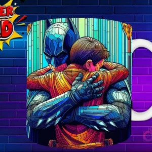 Taza sublimada con Batman abrazando a su hijo en un estilo de vidriera vibrante, diseño 'Super Dad'