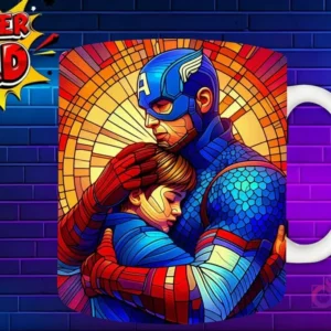 Taza sublimada con Capitán América abrazando a su hijo, estilo vidriera 'Super Dad'