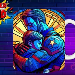 Taza sublimada con Capitán América abrazando a su hijo con escudo y vidriera, 'Super Dad'
