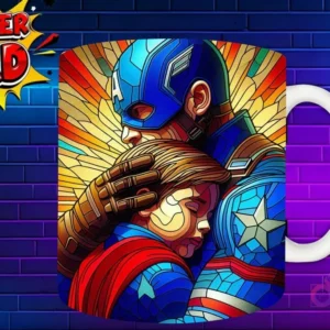 Taza sublimada con Capitán América y su hijo abrazados en primer plano, diseño 'Super Dad'