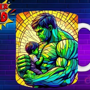 Taza sublimada con Capitán América abrazando a su hijo, diseño detallado estilo vidriera 'Super Dad'