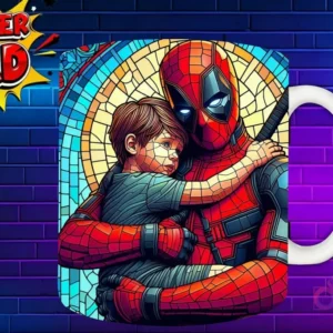 Taza sublimada con Deadpool y su hijo abrazándose, diseño estilo vidriera 'Super Dad'