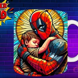 Taza sublimada con Deadpool y su hijo mirando al frente, diseño colorido 'Super Dad'