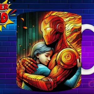 Taza sublimada con un héroe de fuego abrazando a una niña, diseño de vidriera en tonos cálidos 'Super Dad'
