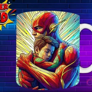 Taza sublimada con Flash y su hijo abrazándose, diseño de velocidad estilo vidriera 'Super Dad'