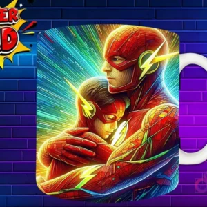 Taza sublimada con Flash abrazando a su hijo con fondo de estelas de luz, diseño 'Super Dad'