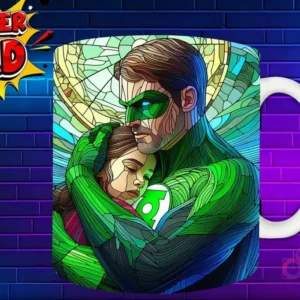 Taza sublimada con Green Lantern abrazando a su hija, diseño verde esmeralda estilo vidriera 'Super Dad'