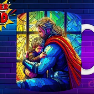 Taza sublimada con Hulk abrazando a un bebé, diseño verde musculoso estilo vidriera 'Super Dad'