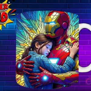 Taza sublimada con Iron Man y su hija abrazándose, diseño de armadura estilo vidriera 'Super Dad'