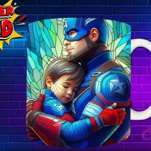 Taza sublimada con Iron Man y su hija en un abrazo cálido, con luces azules en armadura 'Super Dad'