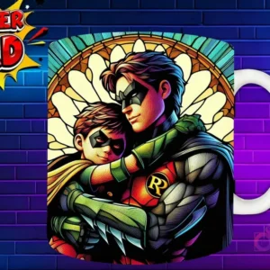 Taza sublimada con Robin y su hijo abrazándose, diseño tipo vitral 'Super Dad'