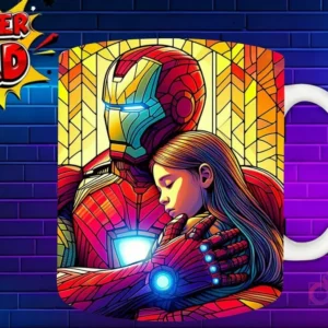 Taza sublimada con Spiderman abrazando a su hija, diseño en tonos azules y rojos 'Super Dad'