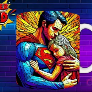 Taza sublimada con Superman abrazando a su hija, diseño estilo vitral con logo 'Super Dad'
