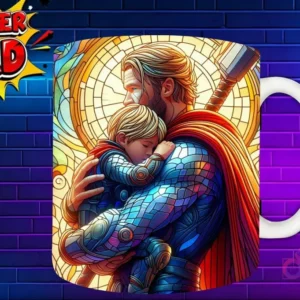 Taza sublimada con Thor y su hijo con Mjolnir, diseño estilo vidriera 'Super Dad'
