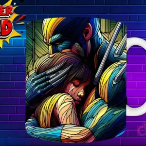Taza sublimada con Wolverine abrazando a su hija, diseño de garras estilo vidriera 'Super Dad'