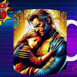 Taza sublimada con Wolverine y su hija en un abrazo cercano, diseño detallado 'Super Dad'