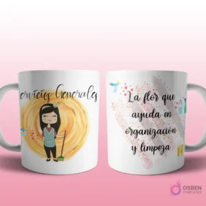 Mug mockup con diseño de telemarketer caricaturizada de cabello rubio con headset, sobre fondo abstracto morado con brillos y frase 'La flor que nos soluciona los problemas del día a día por teléfono'.