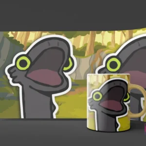 Diseño de un dragón Terrible Terror con boca abierta en un bosque de fondo, en un mockup de taza con el mismo diseño y borde amarillo.