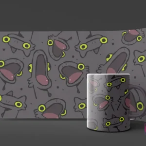 Patrón repetitivo del dragón Terrible Terror con boca abierta y ojos amarillos sobre un fondo gris, en un mockup de taza con el mismo patrón.