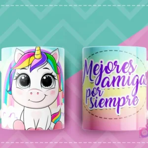 Taza con diseño de unicornio tierno y mensaje 'Mejores amigas por siempre', ideal para sublimar.