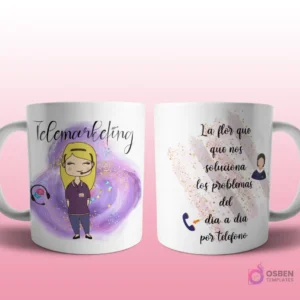 Mug mockup con diseño de veterinaria caricaturizada de cabello oscuro con bata de laboratorio, con perro y gato, sobre fondo abstracto rosa y verde con brillos y frase 'La flor que ayuda a cuidar a nuestras Mascotas'.
