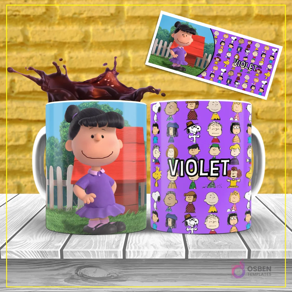 Diseño de sublimación para taza de la personaje Violet Gray de Peanuts, con su vestido morado, sobre un fondo púrpura con patrón de personajes. Diseño de sublimación para taza de la personaje Violet Gray de Peanuts, con su vestido morado, sobre un fondo púrpura con patrón de personajes.