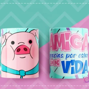 Taza con diseño de Waddles de Gravity Falls y la frase 'Amiga gracias por estar en mi vida'.