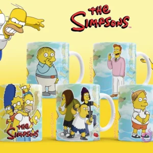 Cuatro mockups de tazas con personajes secundarios de Los Simpsons: Ralph Wiggum, Lenny Leonard, Kearney y Nelson, con Homer, Marge, Bart, Lisa y Maggie de fondo.