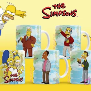 Mockups de tazas con diseños de Kent Brockman, Barney Gumble, Carl Carlson y el Profesor Frink de Los Simpsons.