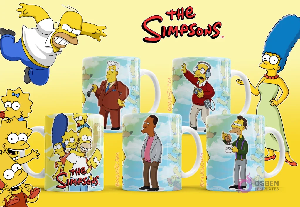 Mockups de tazas con diseños de Kent Brockman, Barney Gumble, Carl Carlson y el Profesor Frink de Los Simpsons. Mockups de tazas con diseños de Kent Brockman, Barney Gumble, Carl Carlson y el Profesor Frink de Los Simpsons.