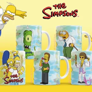 Tazas de sublimación con diseños de Kang, Kodos, Sideshow Mel, Ned Flanders y Disco Stu de Los Simpsons.
