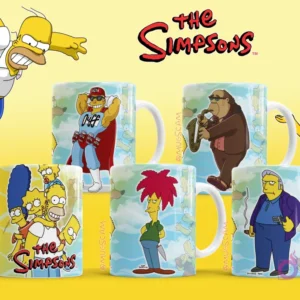 Mockups de tazas con personajes de Los Simpsons: Duffman, Bleeding Gums Murphy, Sideshow Bob y el Jefe Wiggum.