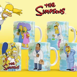 Tazas con diseños de Patty y Selma, Profesor Frink con un matraz, Dr. Hibbert y Homer disfrazado de