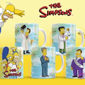 Mockups de tazas con el Vendedor de Cómics, Apu Nahasapeemapetilon, Director Skinner y el Alcalde Quimby de Los Simpsons.
