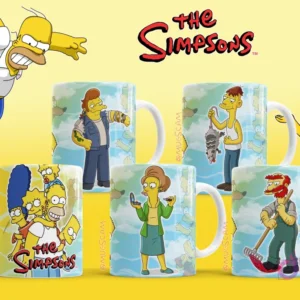 Diseños para tazas de Los Simpsons con Snake Jailbird, Cletus, Agnes Skinner y Groundskeeper Willie.