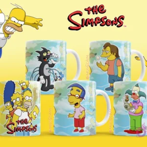 Mockups de tazas con personajes de Los Simpsons: Scratchy, Nelson Muntz, Milhouse Van Houten y Krusty el Payaso.