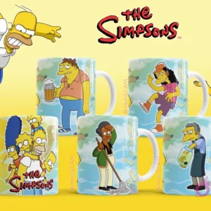 Tazas con diseños de Barney Gumble, Otto Mann, Apu barriendo y Moe Szyslak de Los Simpsons.